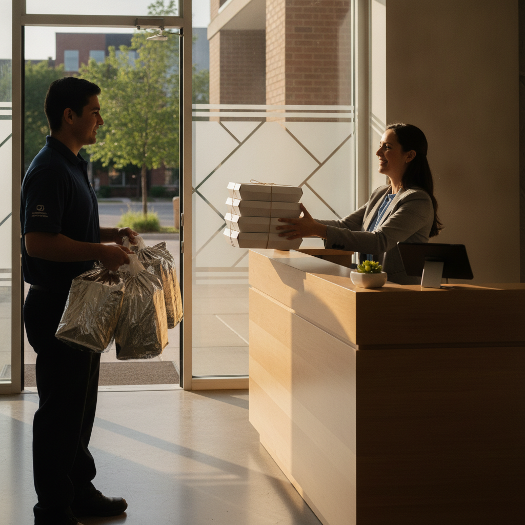 Catering delivery handoff at a Woodbridge office reception with organized meal boxes and on‑time logistics