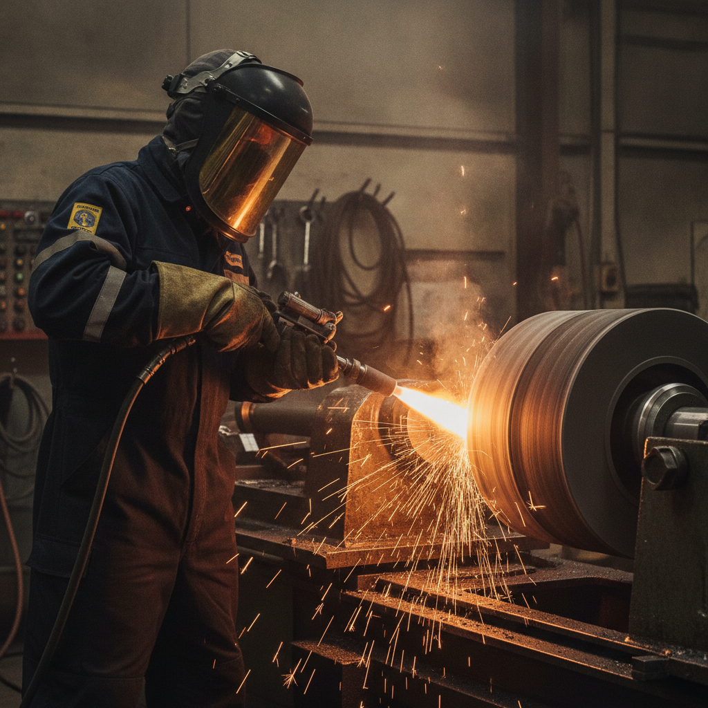 Pulsed HVOF thermal spray coating applied to a steel roller; visible plume and controlled process