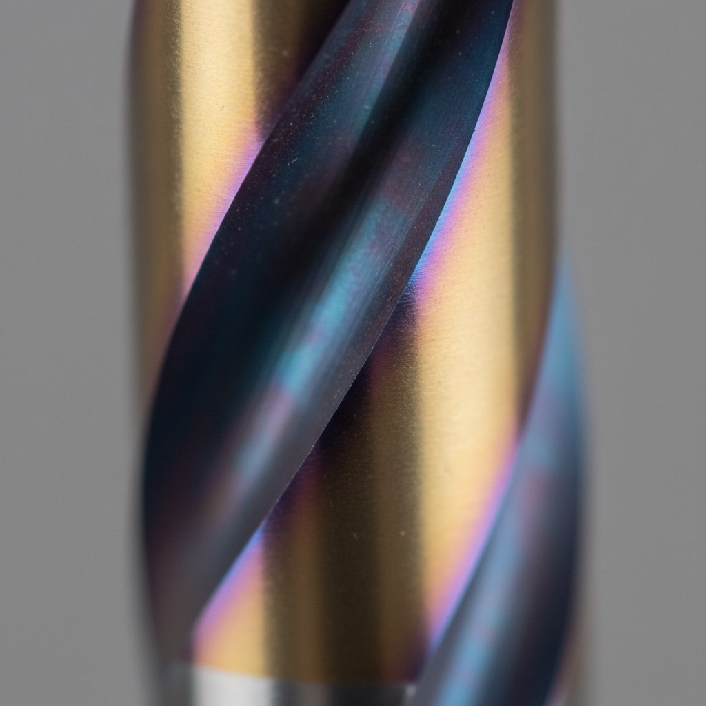 Close‑up of a carbide end mill with iridescent multi‑layer PVD/DLC coating, sharp edges, and tool life focus