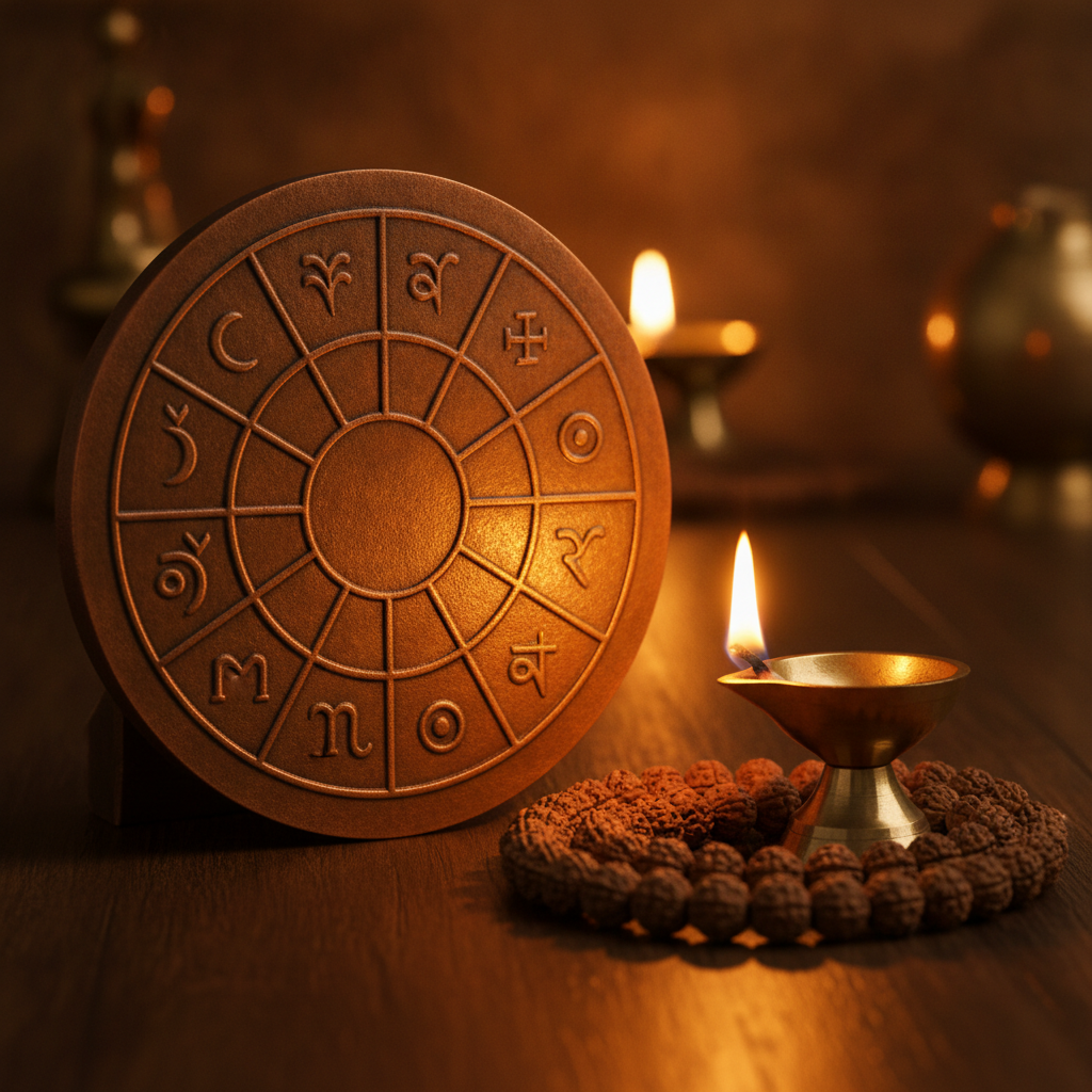 Close-up Vedic compatibility chart (kundli) details with planets and houses, illustrating a relationship compatibility chart guide