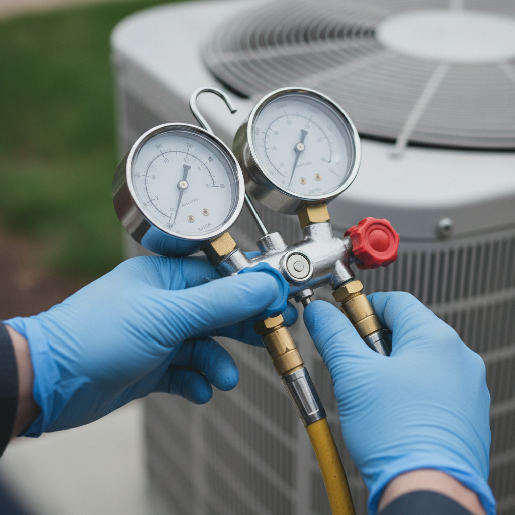 HVAC inspection detail: manifold gauges and service ports on a central AC condenser in a GTA home
