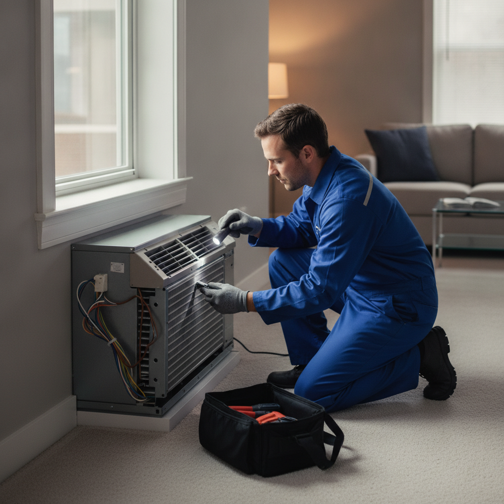 Technician examining a condo PTAC evaporator coil and condensate path during an ASM inspection
