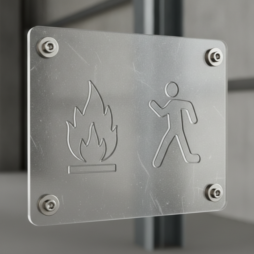 Close-up of durable NFPA 170 fire safety sign with icon-only flame and egress symbols, showing rugged ANSI-certified construction for industrial use