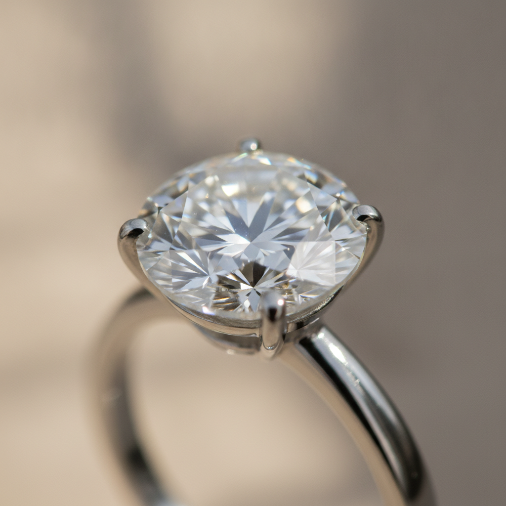 Macro of a lab-grown diamond solitaire ring in 14k gold showing precise prongs and brilliant cut for low cost diamond engagement rings