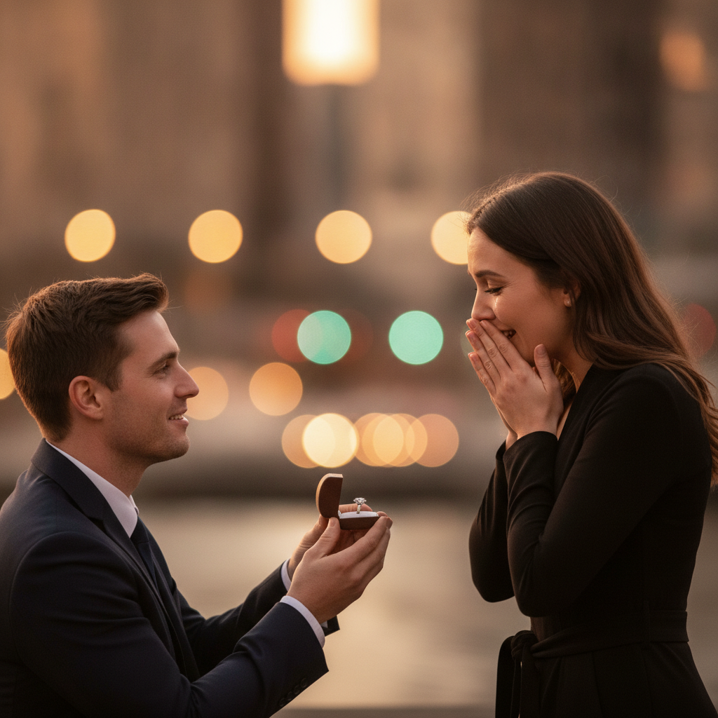 Lifestyle proposal scene with a simple 14k gold diamond ring, showing a value-focused engagement choice