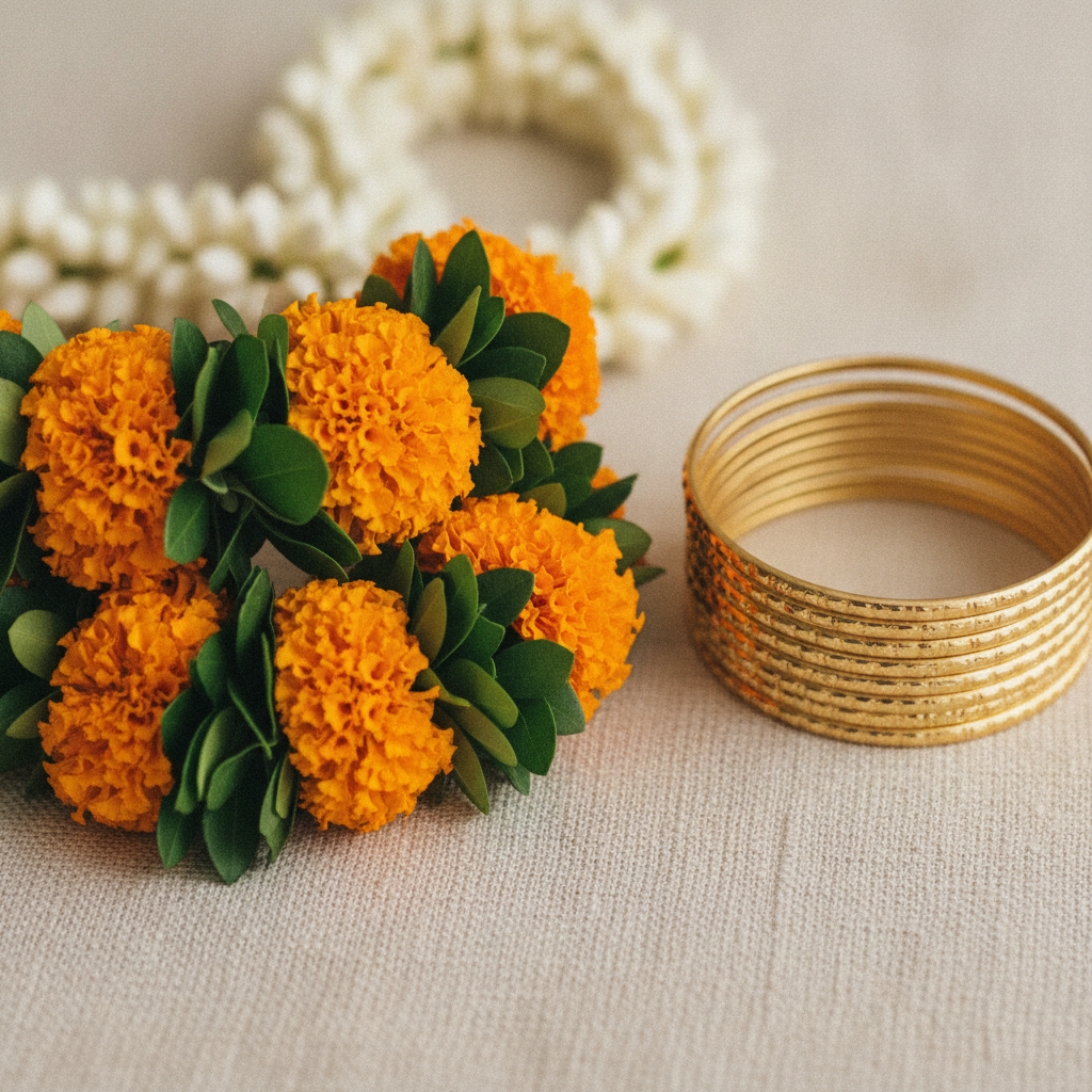 Close-up of marigold and jasmine garlands with gold bangles for South Asian destination wedding decor