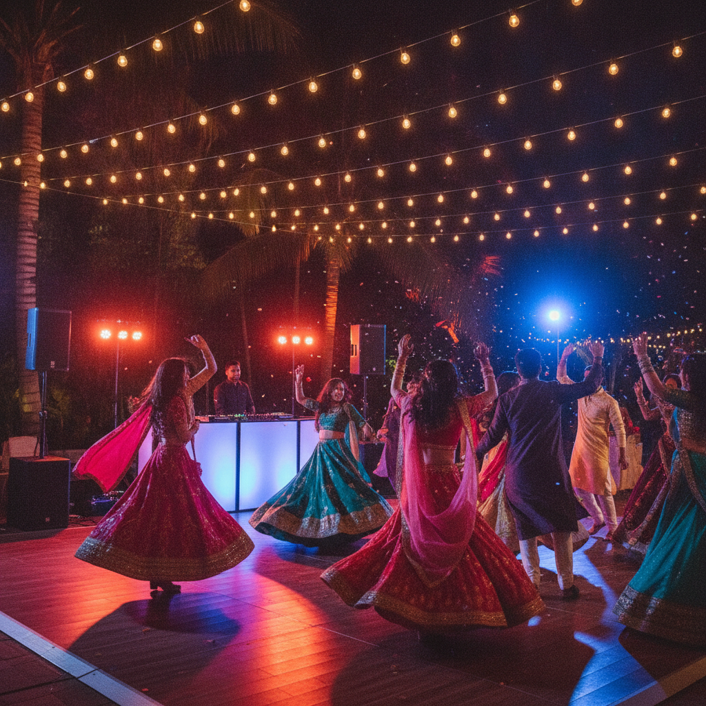 Outdoor sangeet celebration with string lights, vibrant uplighting, and DJ booth for a destination wedding