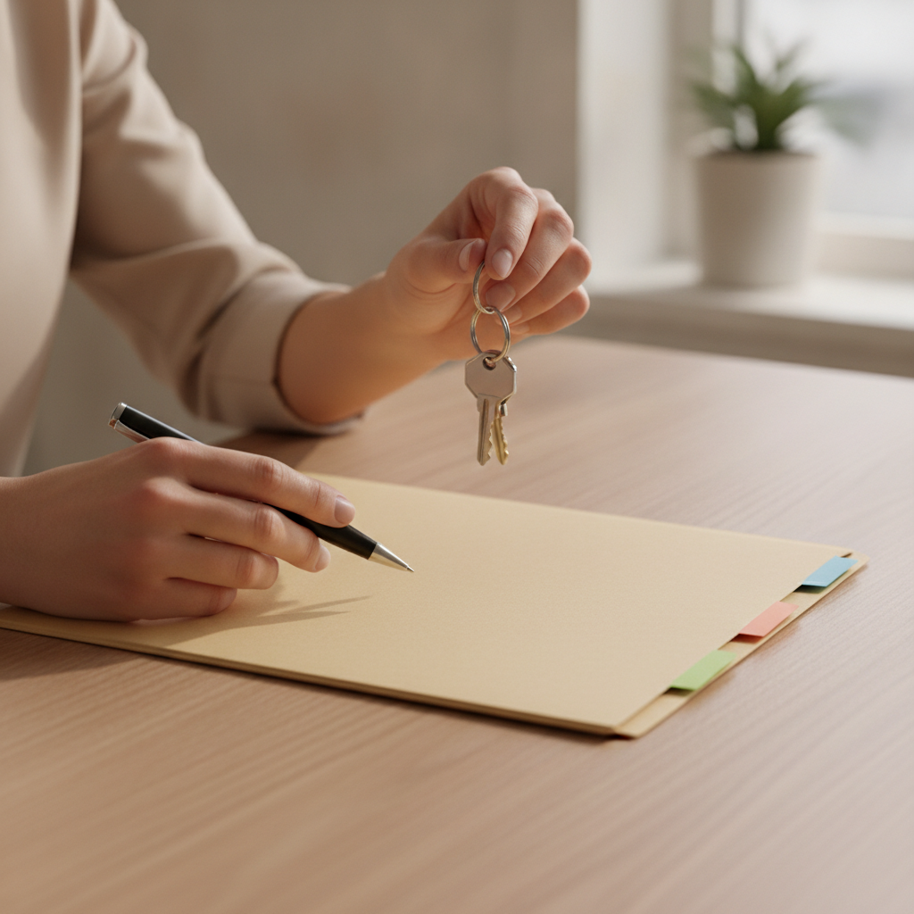 Close-up of Mississauga home closing documents, keys, and pen used to complete an Ontario HST rebate eligibility checklist