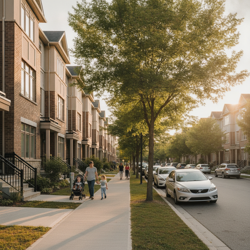 Mississauga townhomes streetscape used to explain Ontario HST rebate eligibility differences for new builds versus resale