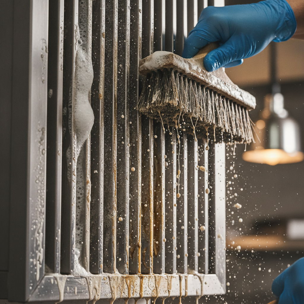 Close-up baffle filter cleaning with degreaser foam and brush work for NFPA 96 compliance in Ontario kitchens