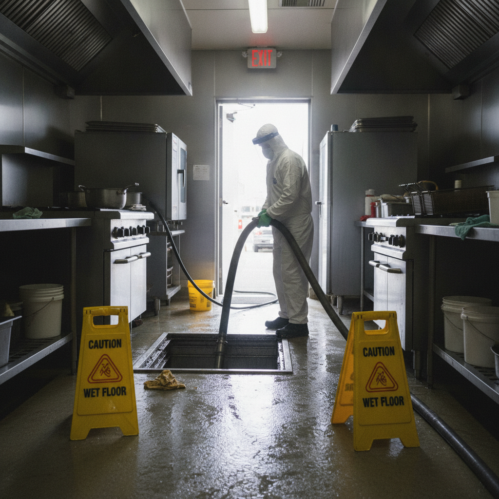 Grease trap pumping inside a commercial kitchen with technician servicing a floor-level interceptor for Ontario restaurant compliance