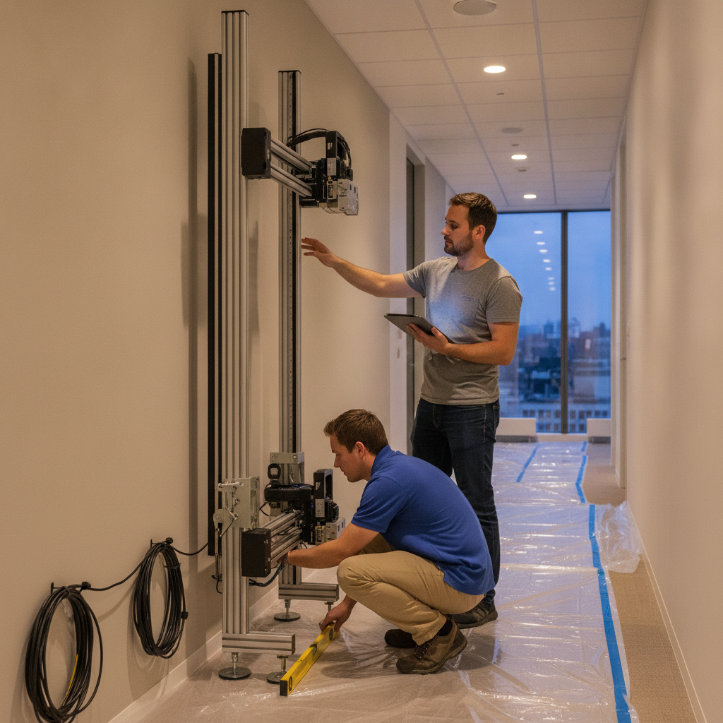 Two installers aligning a UV wall printer in a modern office corridor in Brampton