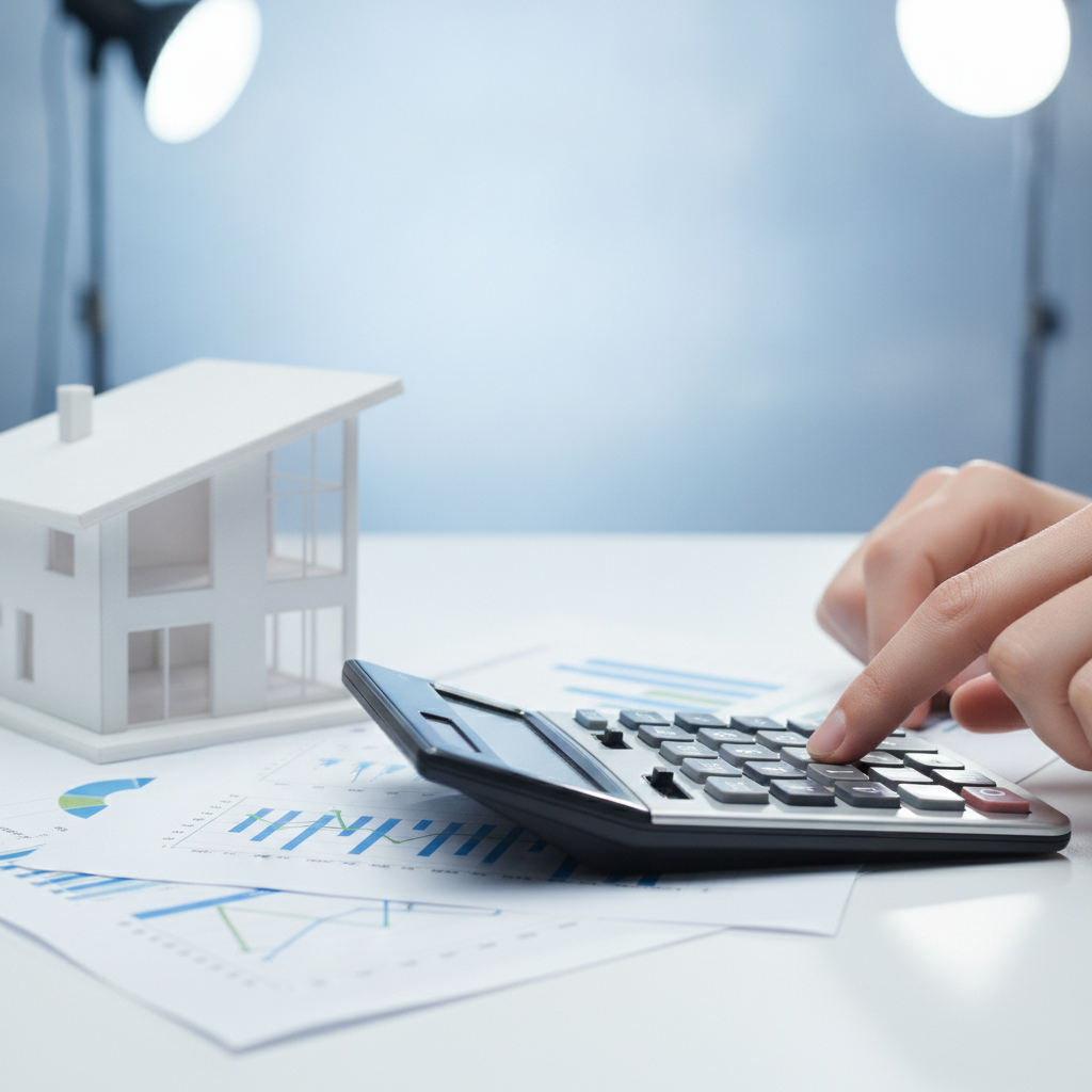 Close-up of investor calculating figures beside a house model while learning how investment property loans work