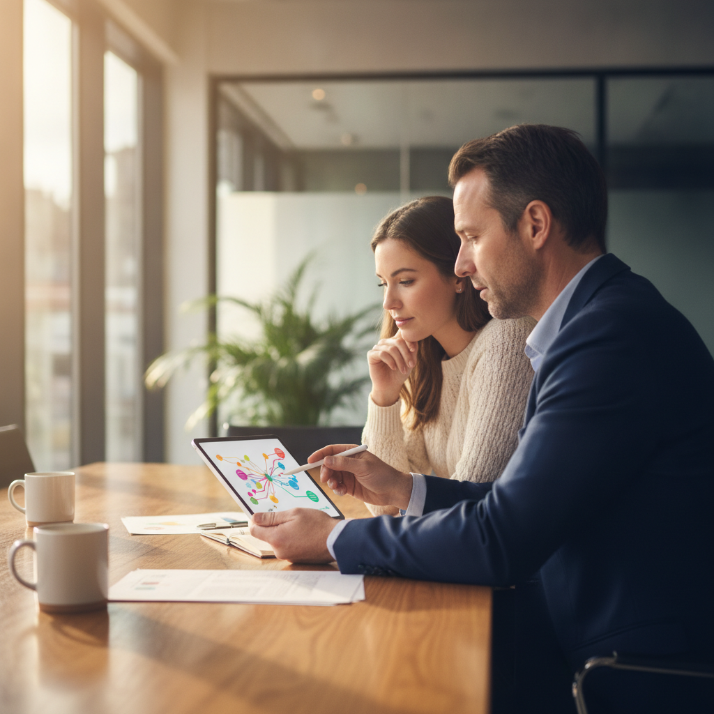Mortgage broker and investor reviewing options on a tablet while discussing how investment property loans work