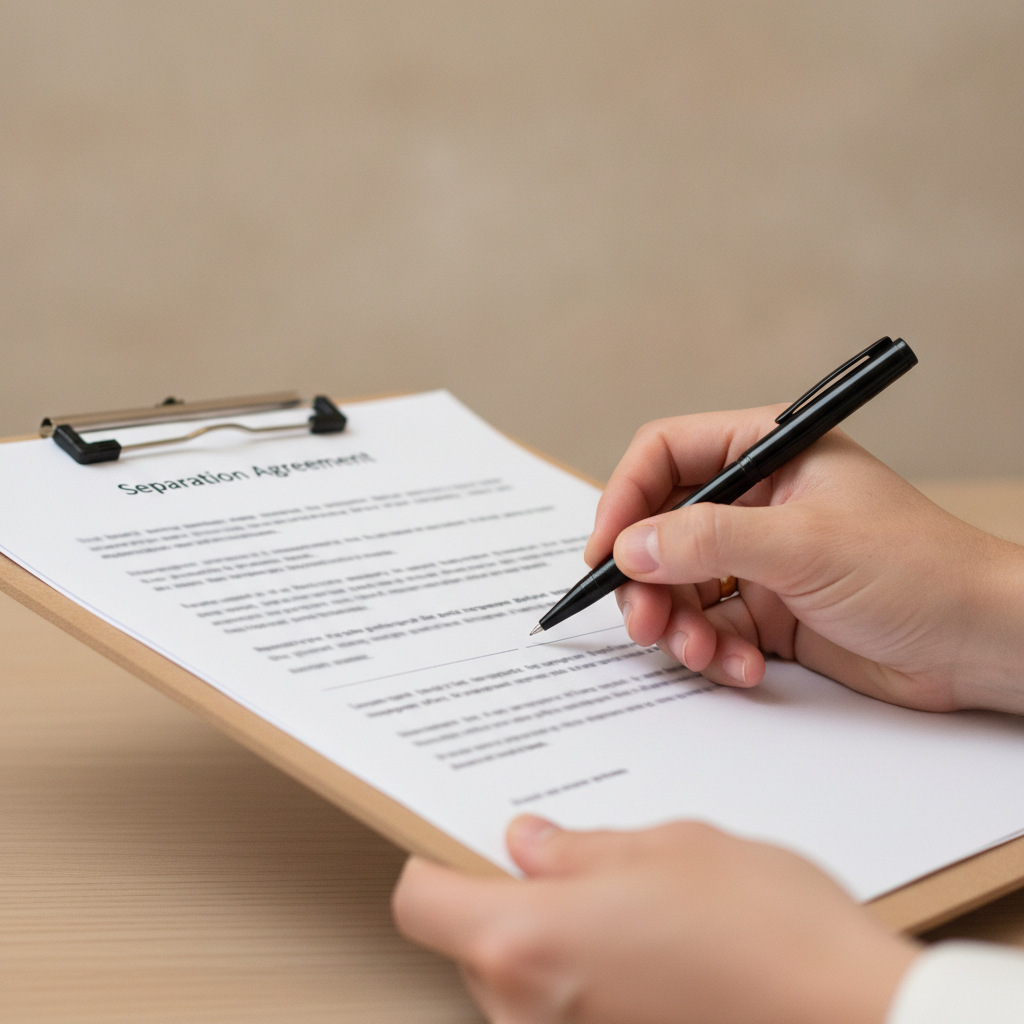 Family law lawyers reviewing and signing a separation agreement with ring and pen