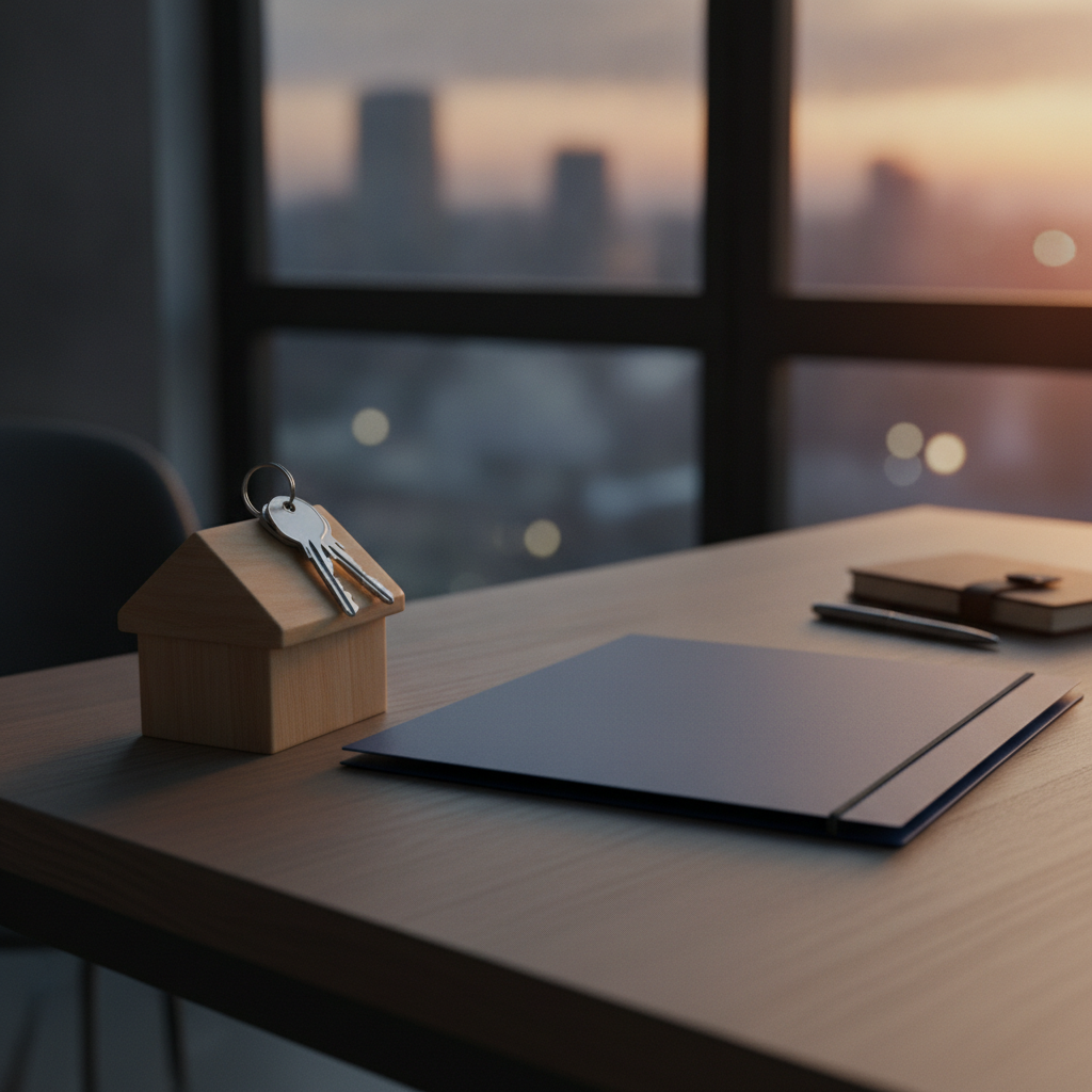 House keys and a model house beside legal folder showing title transfer during separation