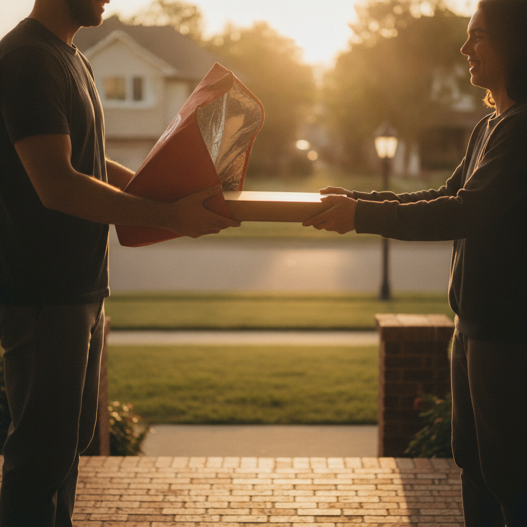 Doorstep pizza delivery handoff in Kemptville with insulated bag and pizza box