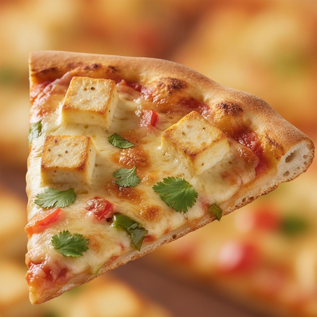 Close-up of Milano’s paneer pizza slice with golden paneer, peppers, and herbs—Kemptville pizza delivery specialty