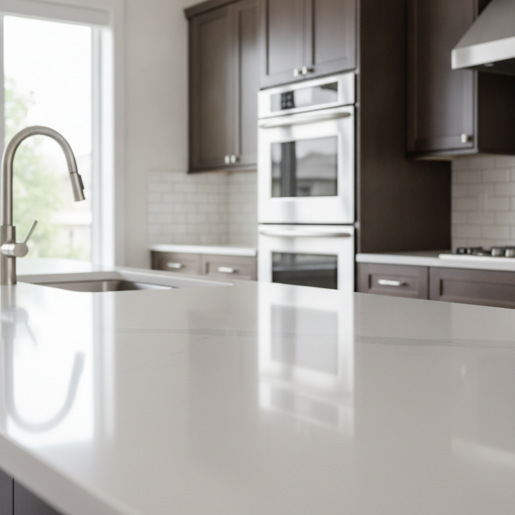 Interior kitchen detail from current homes for sale in Brampton, Ontario showing quartz counters and stainless appliances