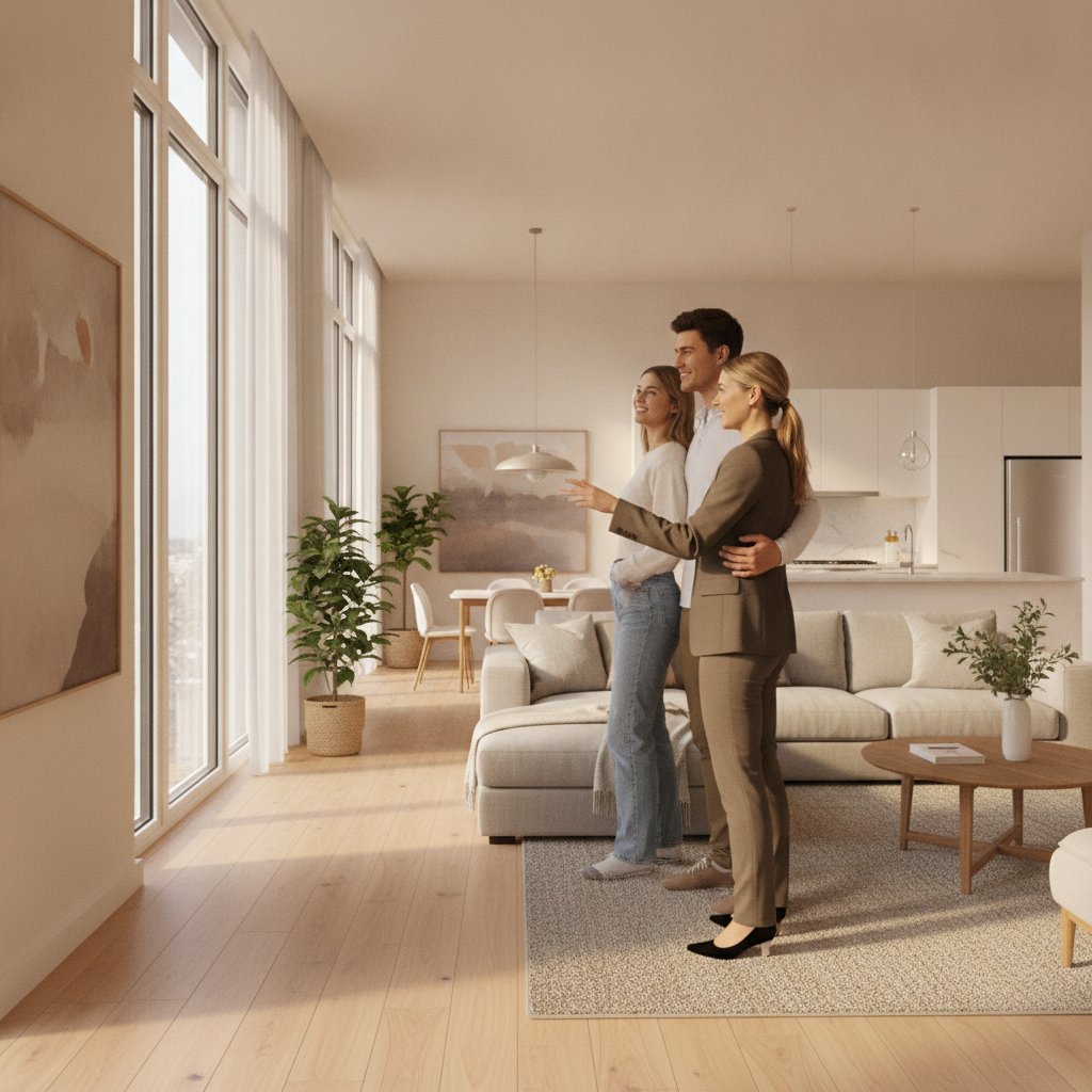 Agent showing a sunlit living room during a Brampton home tour for active buyers