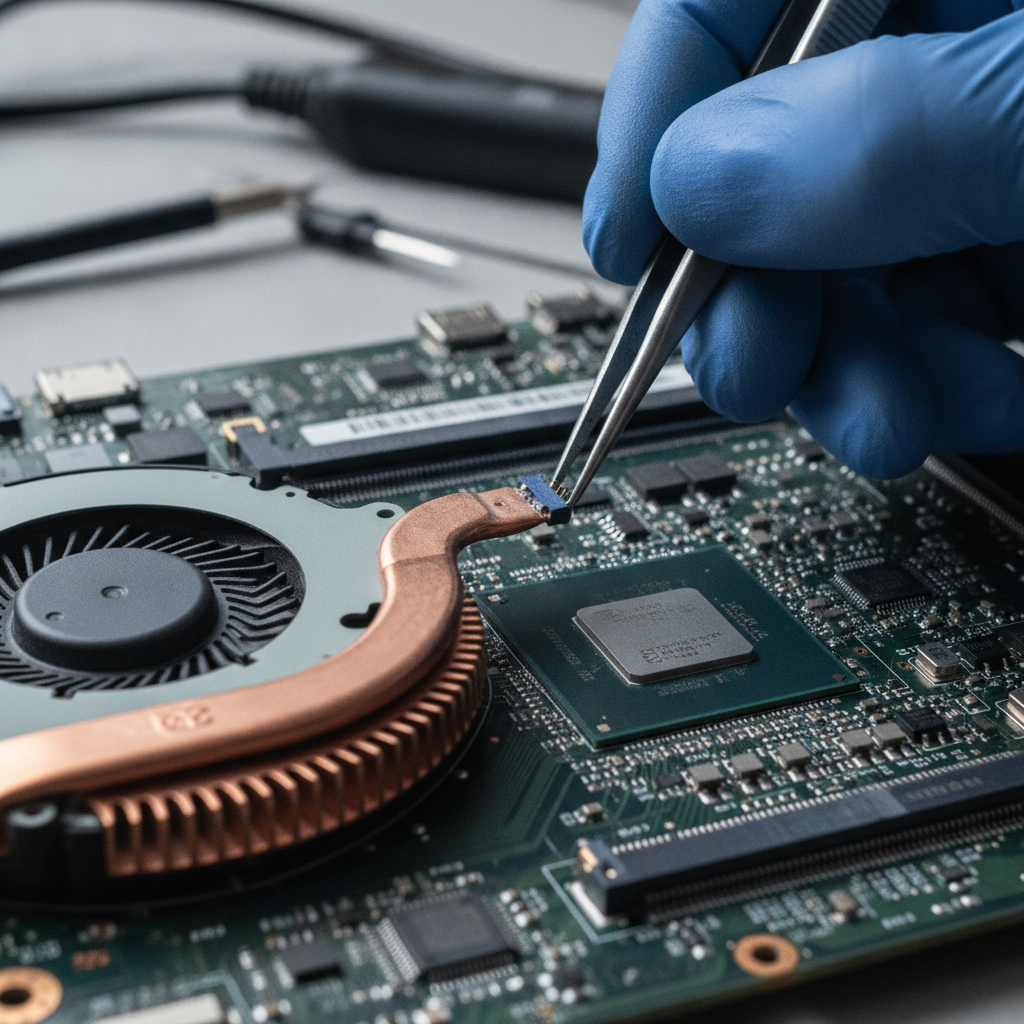 Laptop motherboard repair close-up in Calgary showing CPU fan, heat pipes, and delicate flex connectors during diagnostics for pc repair vs laptop repair