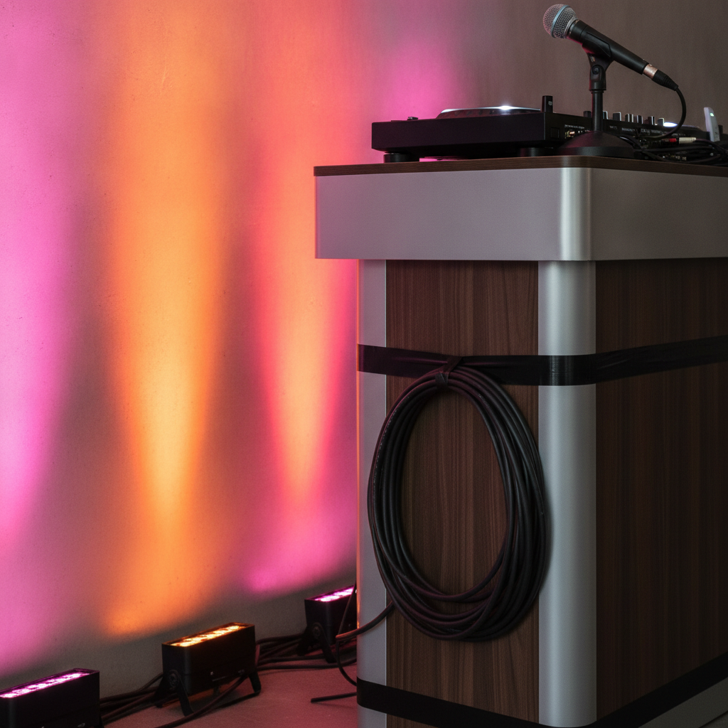 LED uplighting detail with neat cable management for reception lighting ideas for weddings in Oakville