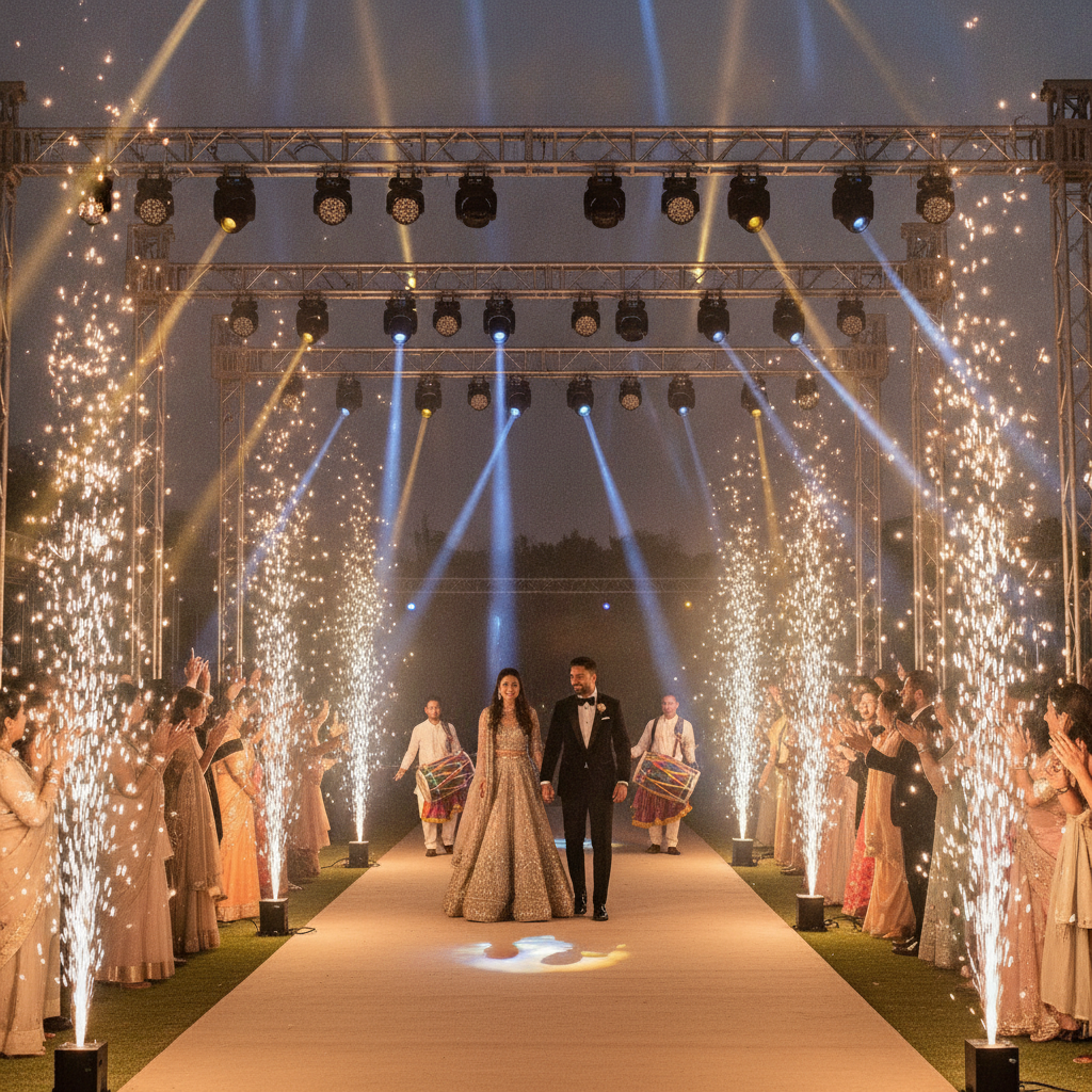 Grand entrance with cold spark fountains and moving-head beams as part of reception lighting ideas for weddings in Oakville