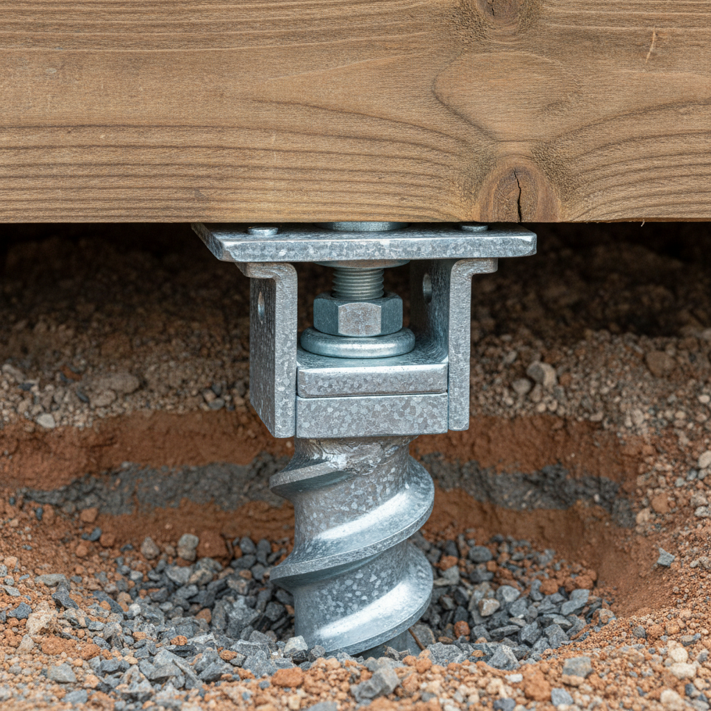 Detail of galvanized helical pile head and adjustable post base for Mississauga deck planning