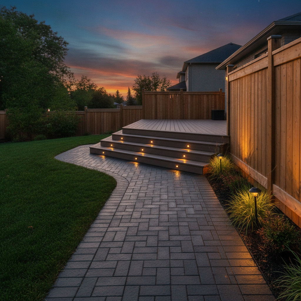 Finished composite deck in Mississauga meeting interlocking walkway, cedar fence, and sod lawn with step lights