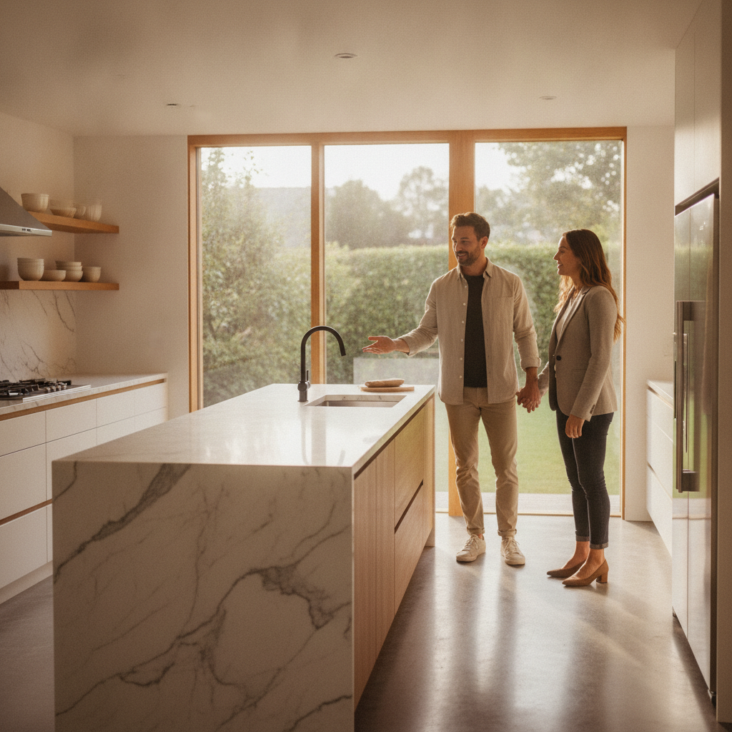 Agent walking buyers through a bright kitchen to validate realtor listings details with real-world checks