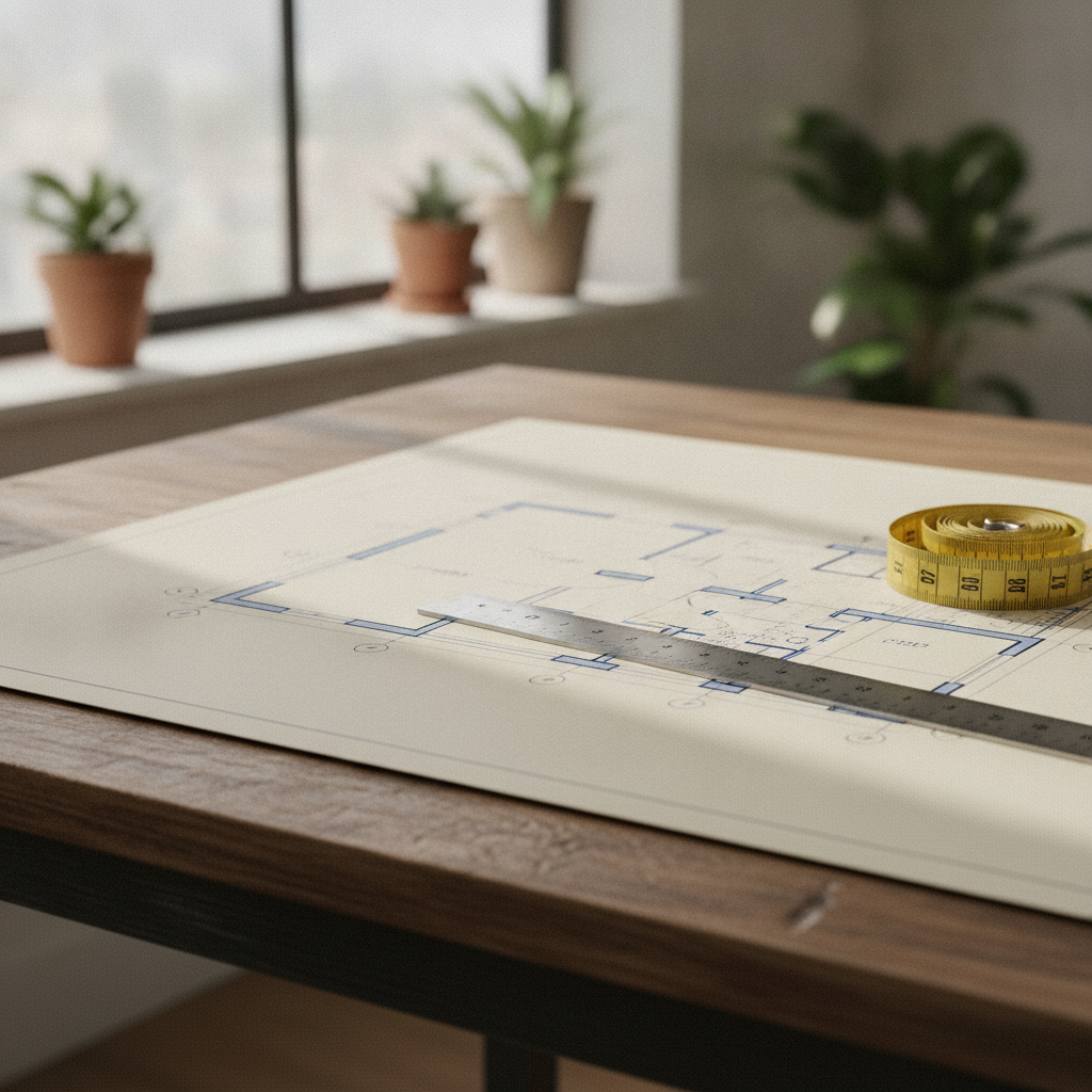 Close-up floor plan and measuring tools for analyzing realtor listings details and layout efficiency