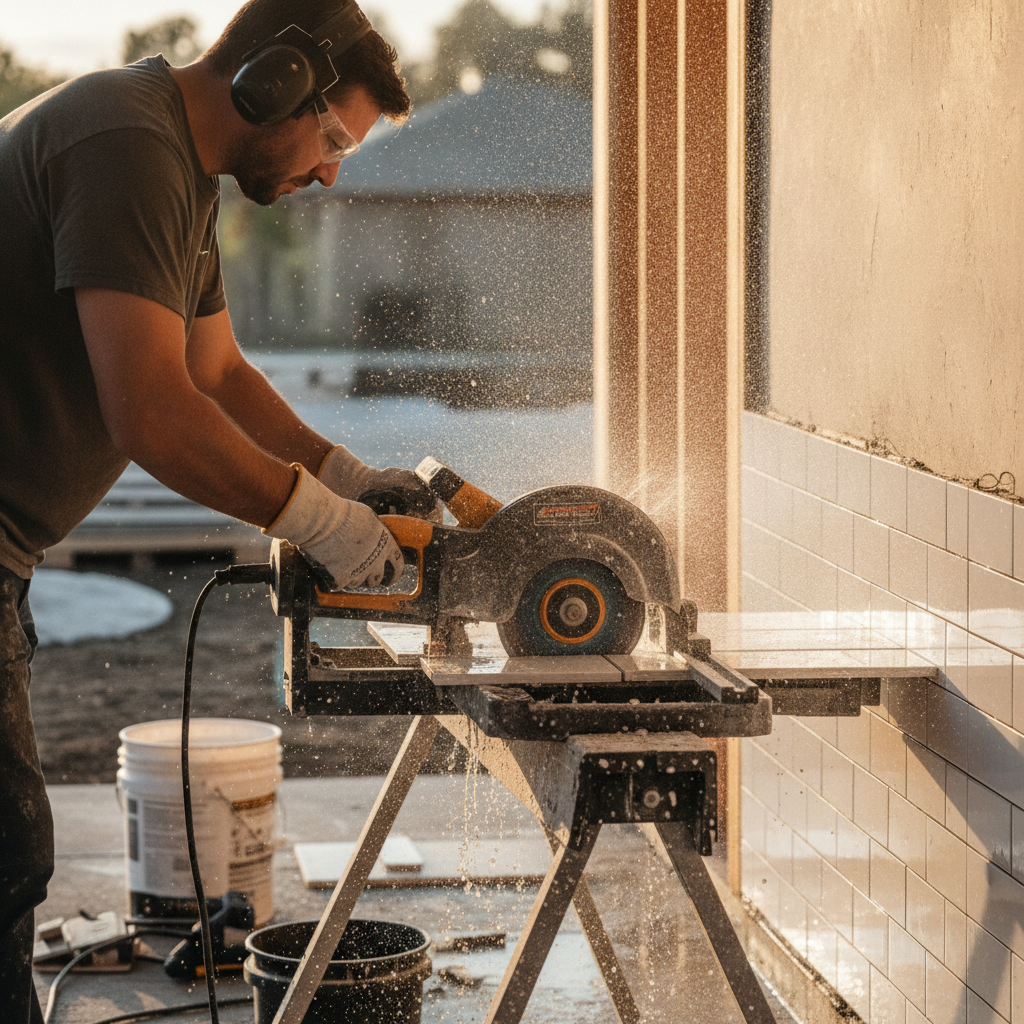 Backsplash Installation Contractors: Cut Mess, Get Clean 2 Side-angle view of a pro using a wet saw to cut ceramic tile for a GTA kitchen backsplash installation