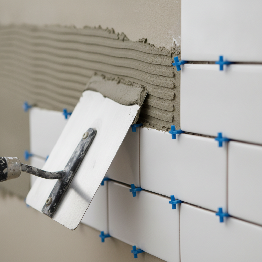 Backsplash Installation Contractors: Cut Mess, Get Clean 1 Close-up of backsplash tile installation with thinset, spacers, and subway tiles aligned by professional backsplash installation contractors