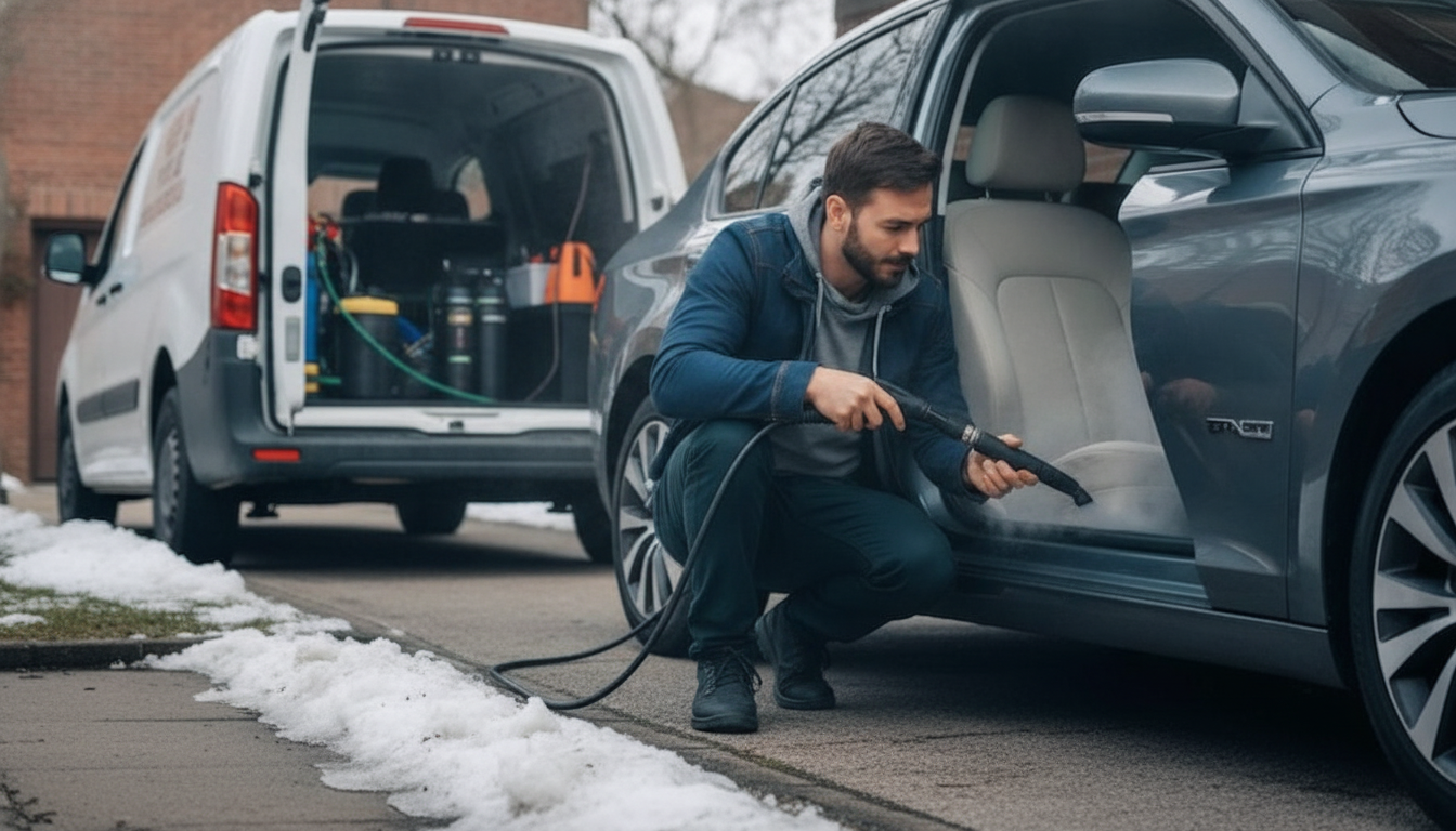Mobile detailer using steam and extractor to clean a salt-stained front seat in a snowy Mississauga driveway