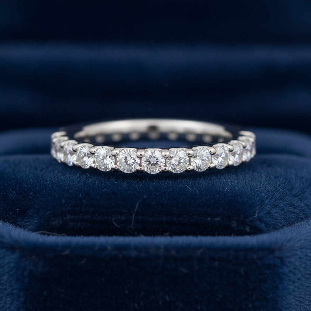 Macro close-up of a lab-grown diamond pavé wedding band in 14k white gold on velvet, highlighting cut and prong details for wedding rings lab grown