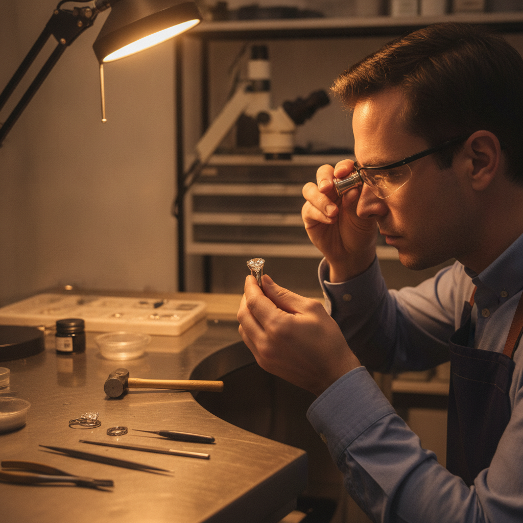 Jeweler inspecting a lab-grown diamond wedding ring with a loupe in a clean workshop, illustrating craftsmanship checks on wedding rings lab grown