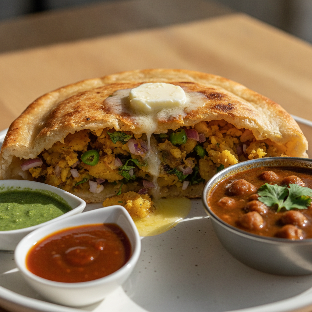 Close‑up Amritsari kulcha torn open, spiced filling visible, with chole and bright chutneys at a Brampton casual dining restaurant
