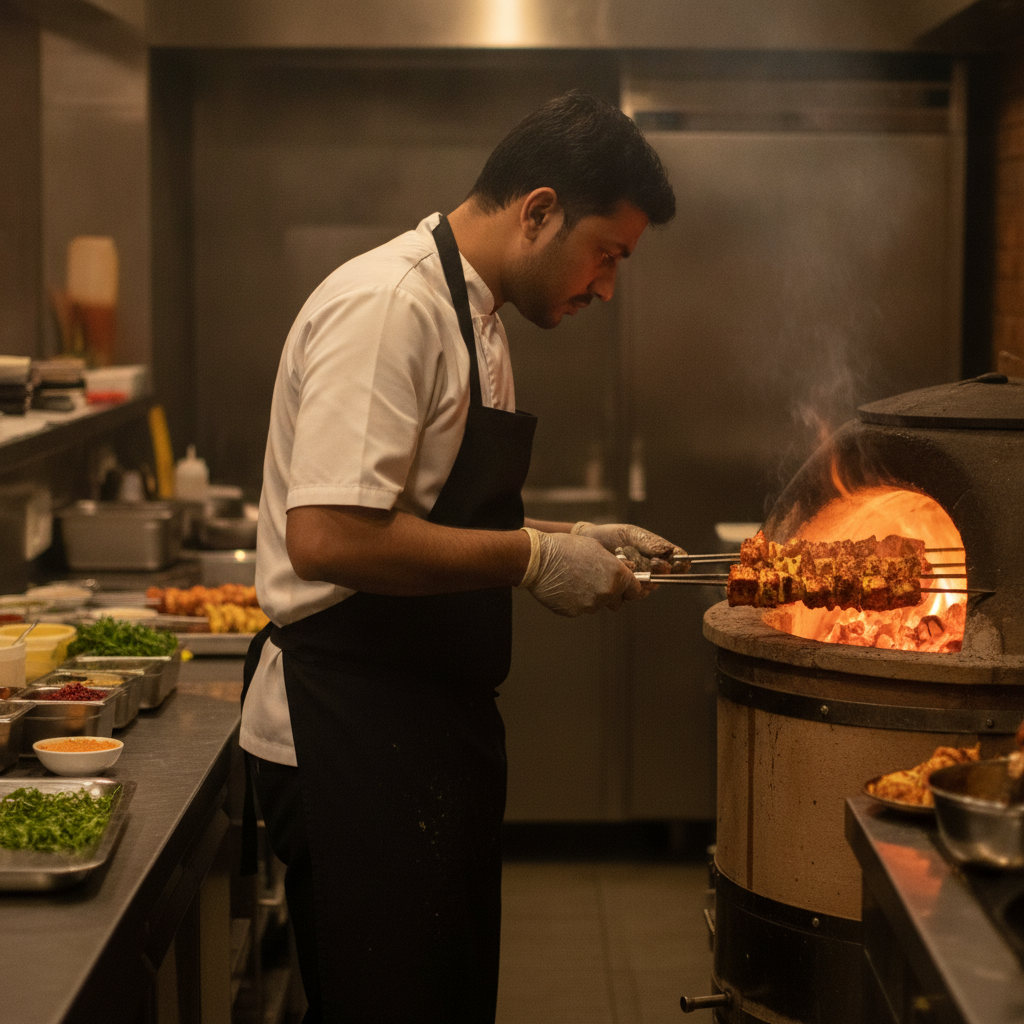 Chef lowering marinated paneer tikka and chaap into a clay tandoor—embers glowing for a casual dining dinner service in Brampton