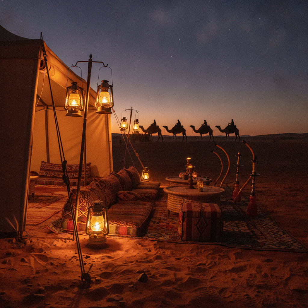Bedouin-style camp at twilight during a desert trip Dubai extension with lanterns and low cushions