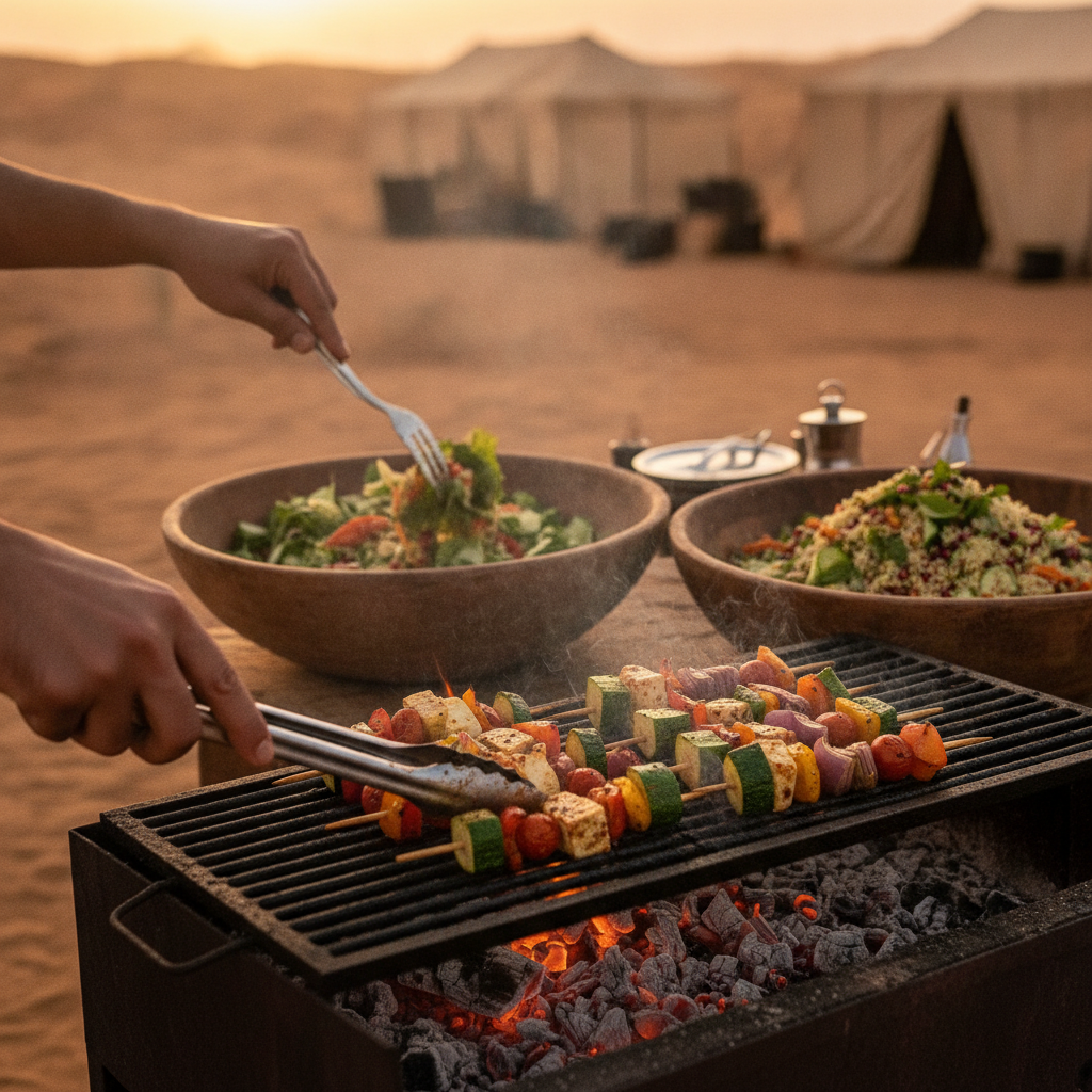 Vegetarian-friendly dinner prep at a desert camp during a desert trip Dubai add-on after Pakistan Yatra