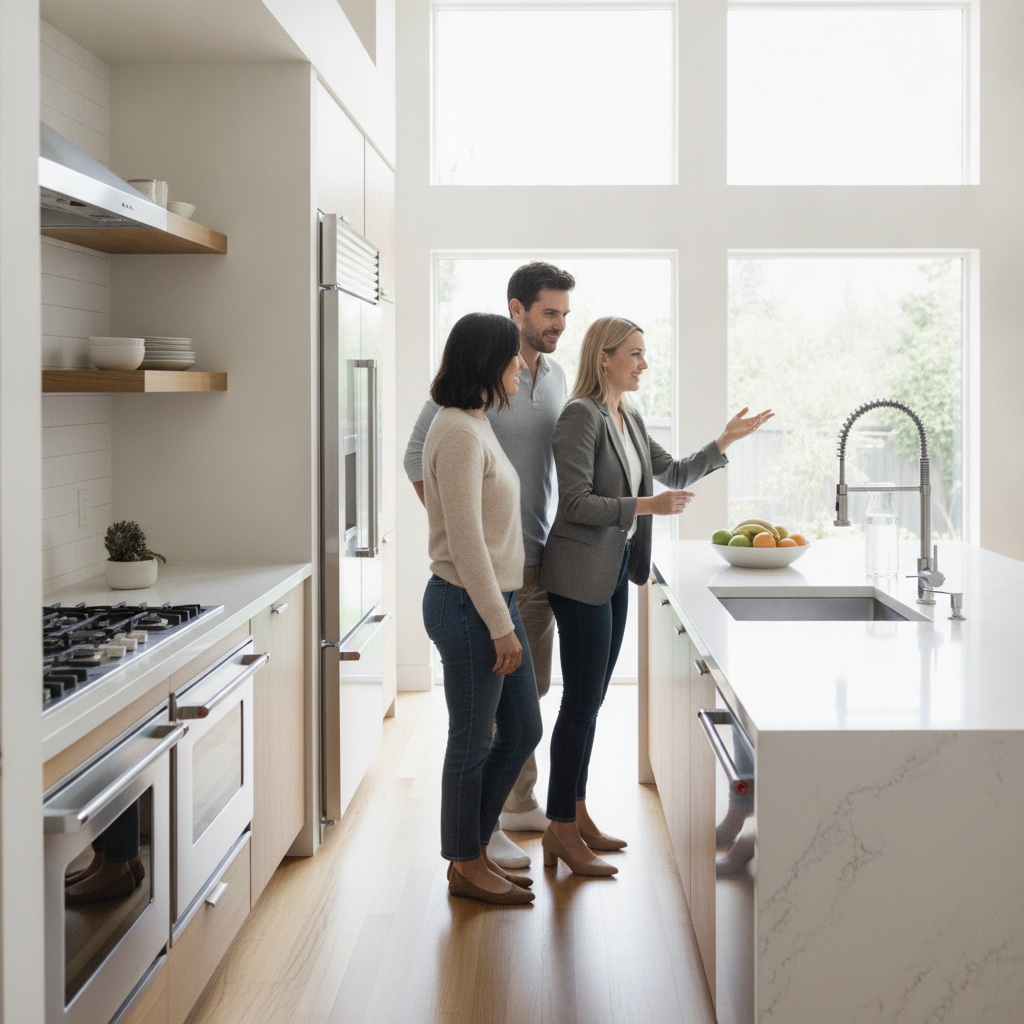 Couple touring a bright Waterloo kitchen with a local realtor guiding a listing walkthrough and next steps