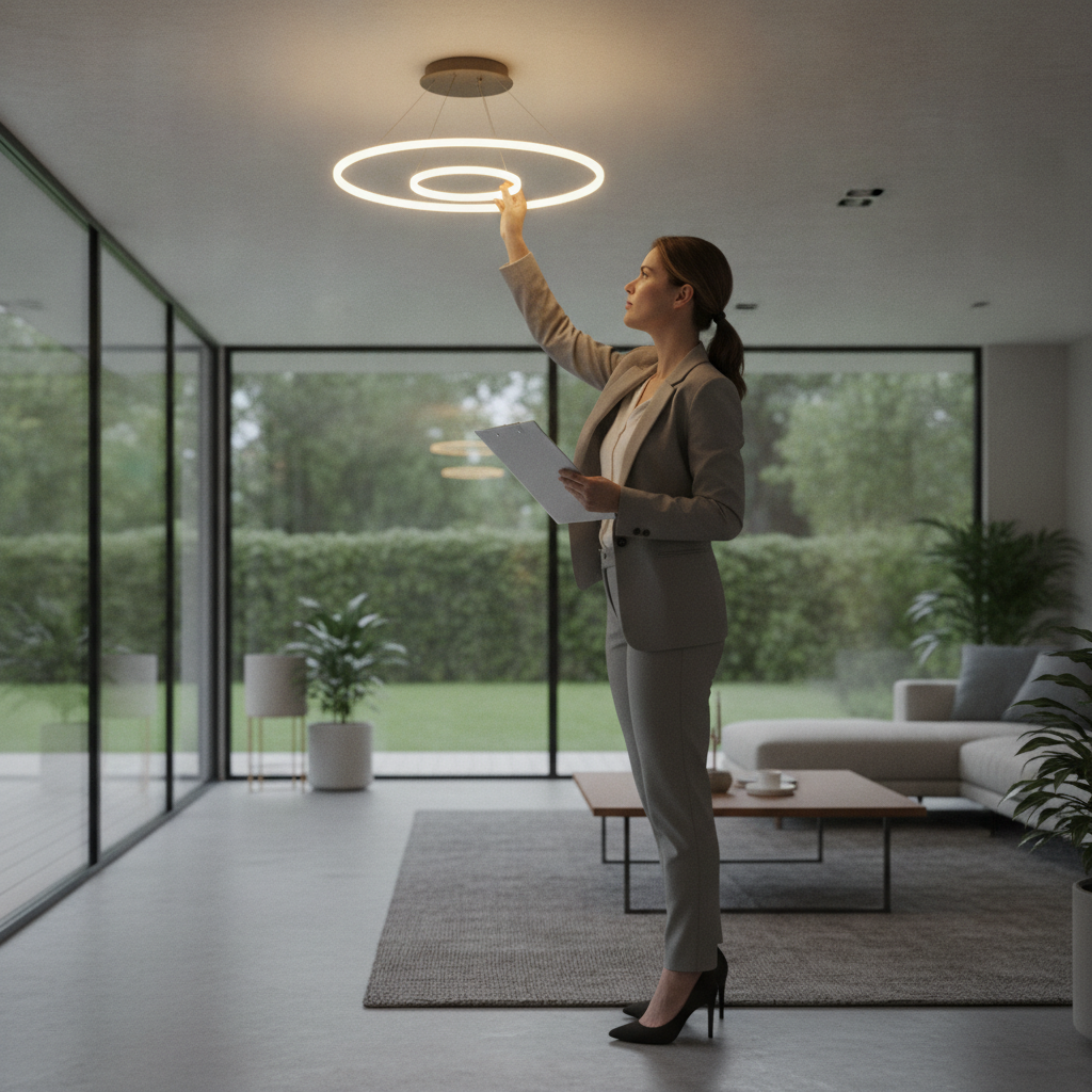 Real estate agent performing a pre-listing walkthrough and maintenance check in a modern Brampton home