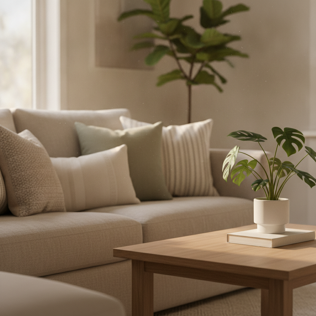 Staged Brampton living room with neutral decor and decluttered surfaces for listing preparation