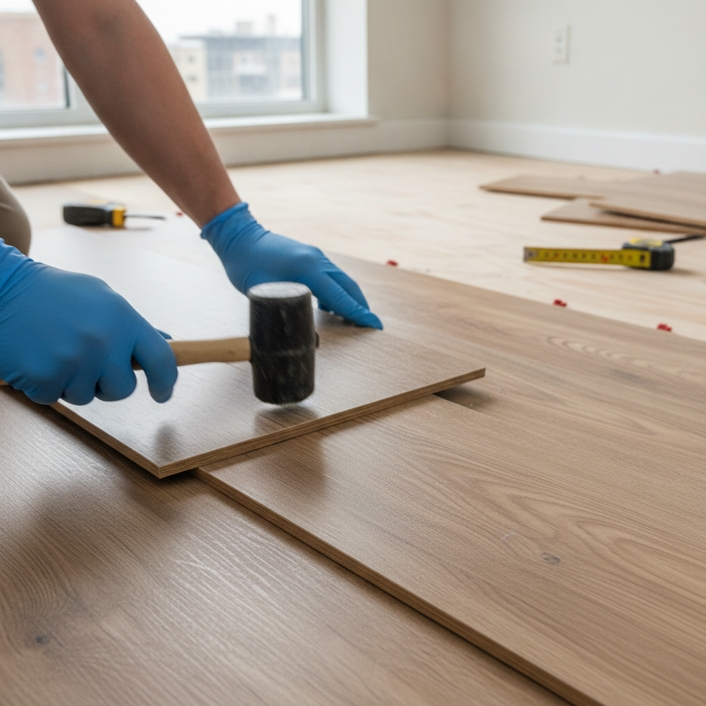 Close-up of vinyl plank flooring installation during an apartment turnover in London, supporting a predictable make-ready schedule