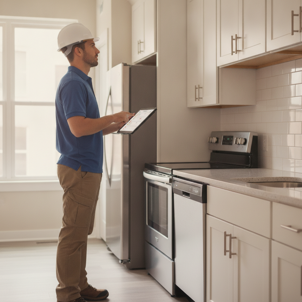 Contractor reviewing a digital punch list in a freshly remodeled London rental kitchen before unit handover