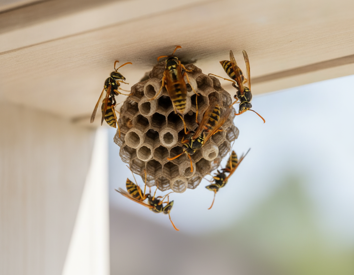 Paper wasp nest under a soffit in an Oshawa home — correct ID prevents wasp control mistakes to avoid