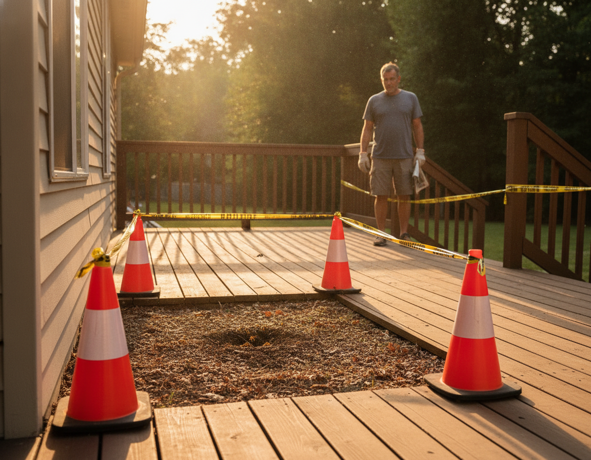 Backyard deck in Oshawa with a cordoned-off ground wasp nest — common DIY mistake is disturbing soil during projects