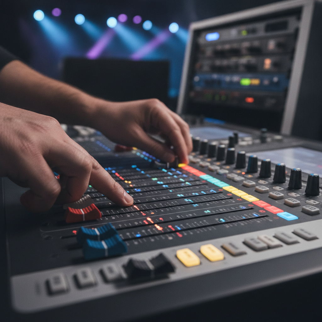 Professional AV console with colorful faders prepared for a Mississauga conference session