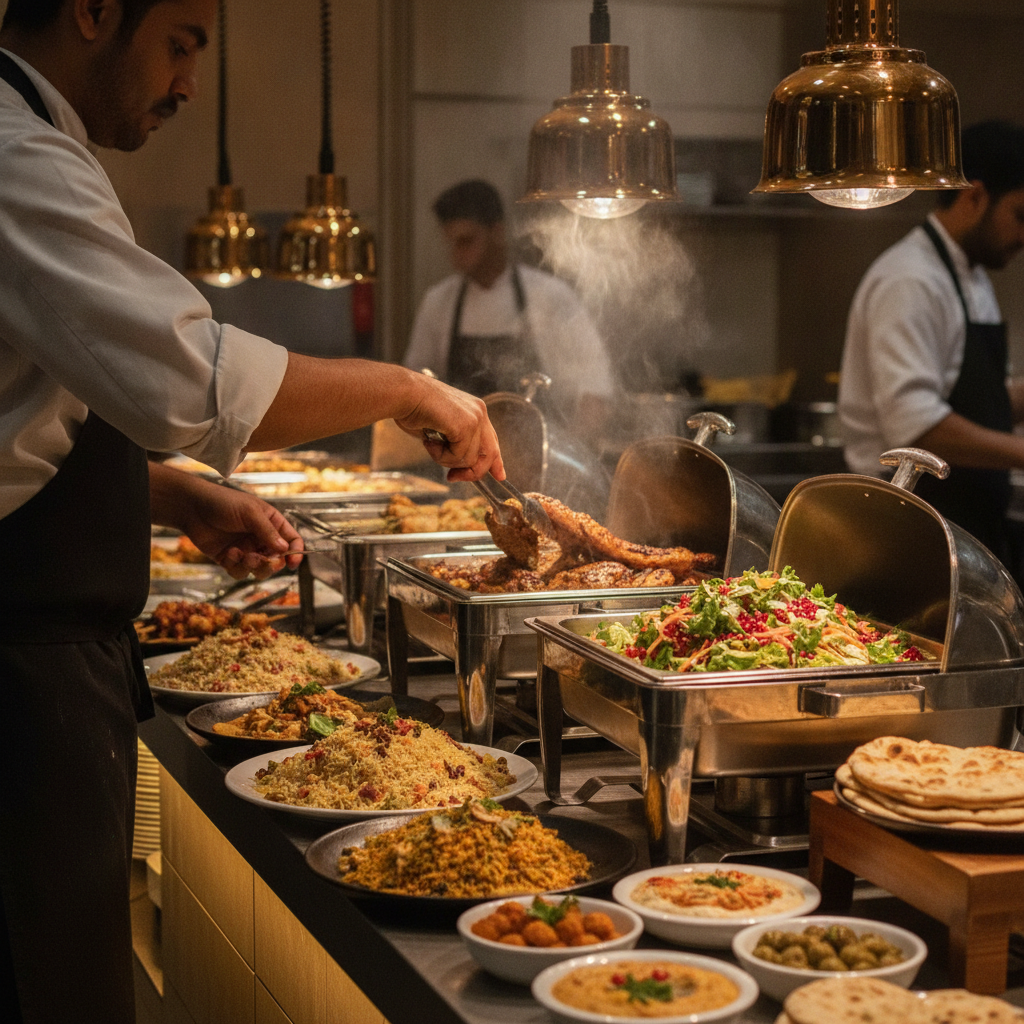 Halal-friendly conference catering with vibrant South Asian and Middle Eastern dishes plated for service