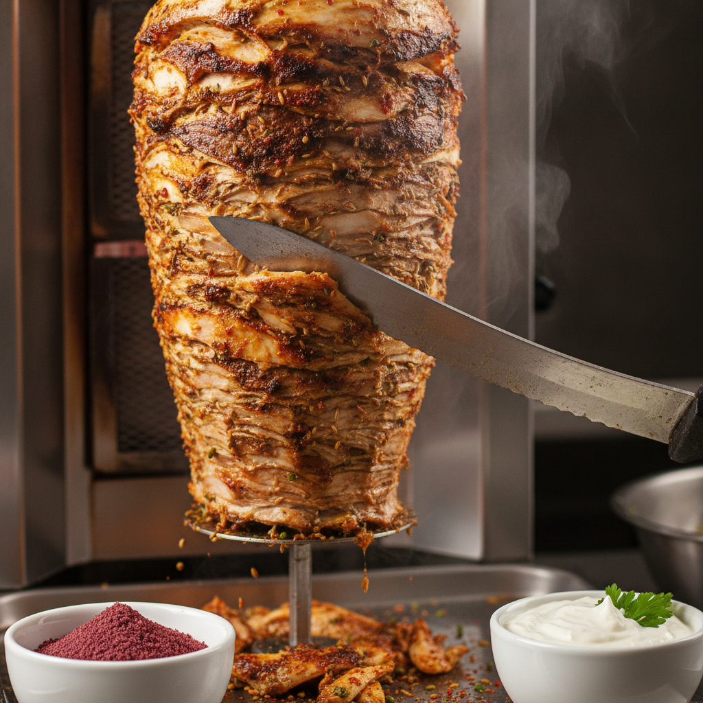 Close-up of authentic Toronto shawarma carved from rotisserie with warm-spice crust and bowls of garlic sauce and sumac